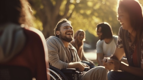 junger Mann im Rollstuhl sitzt lachend mit seinen Freunden im Park und genießt seine Freizeit